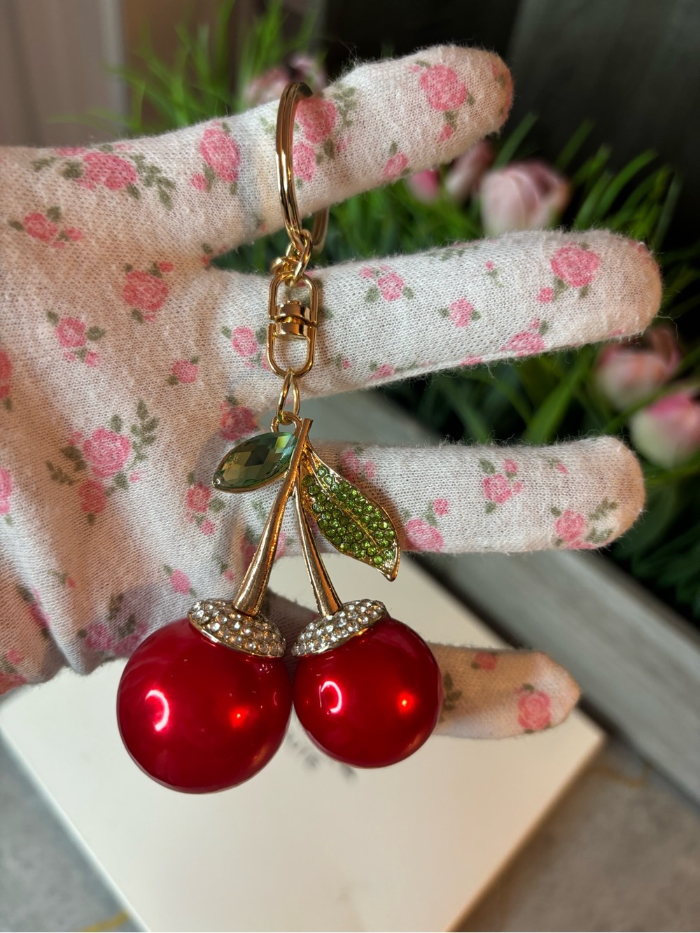 New Gold Cherry Pendant Keychain Bag Charm with Red Pearlescent Charms